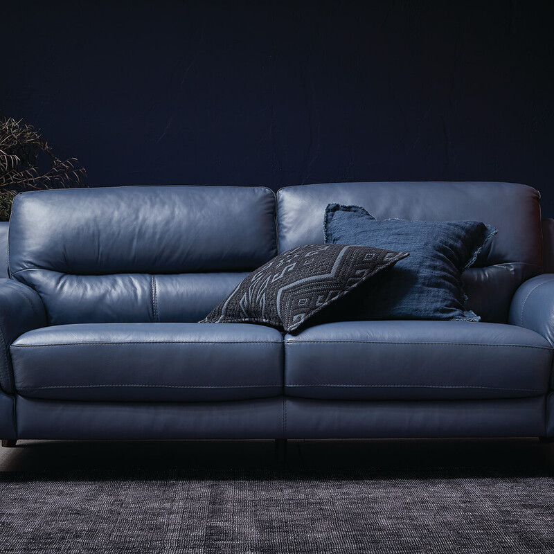 3 Seat Ocean Blue Leather Skylar Sofa, Pale Blue Leather Chair