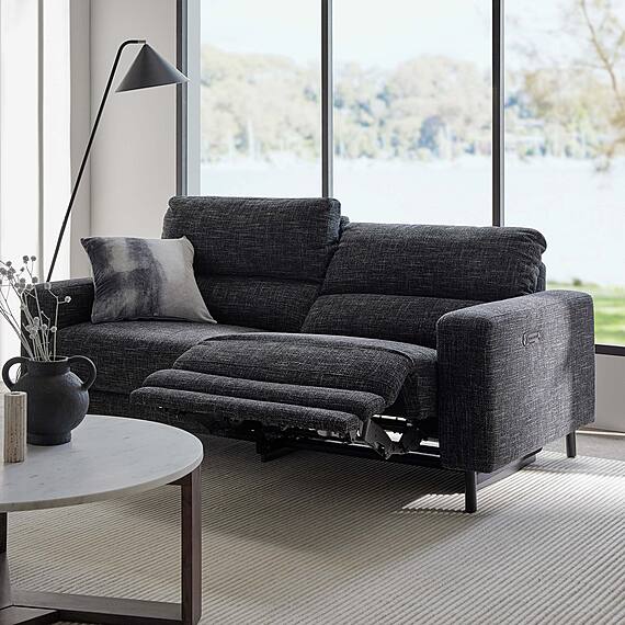 AUTOGRAPH Fabric Contemporary Electric Recliner Sofa with High Black Metal Legs