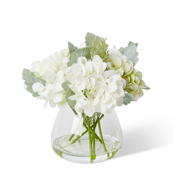 HYDRANGEA AND DUSTY MILLER Glass Vase Arrangement