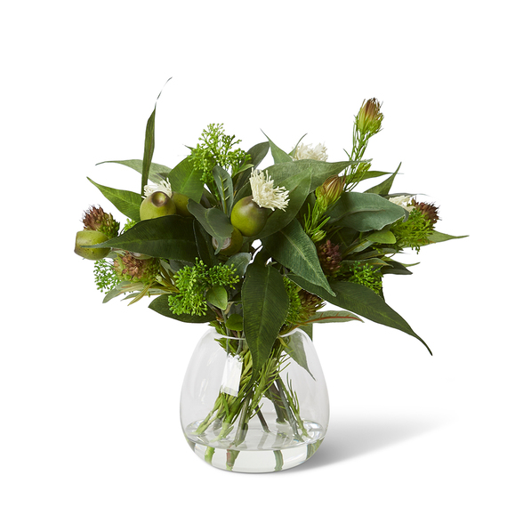 EUCY NUT AND CLUBMOSS Glass Vase Arrangement