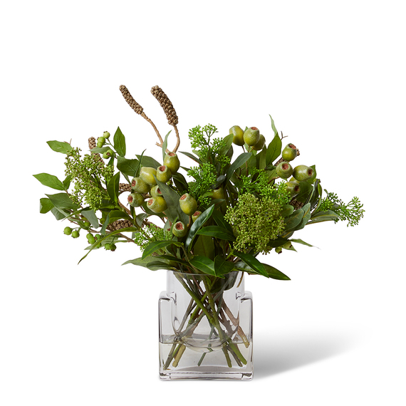 SKIMMIA SEED AND GUMNUT Glass Vase Arrangement